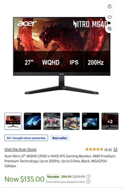 Acer Nitro 27” Wqhd 200HZ Gaming Monitor